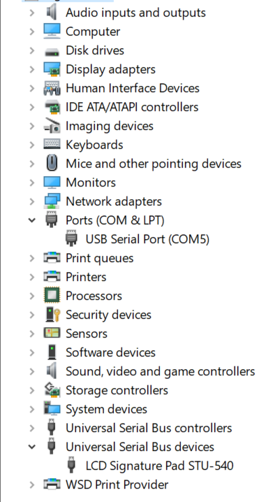 STU 540 HID and Serial entries in Device Manager